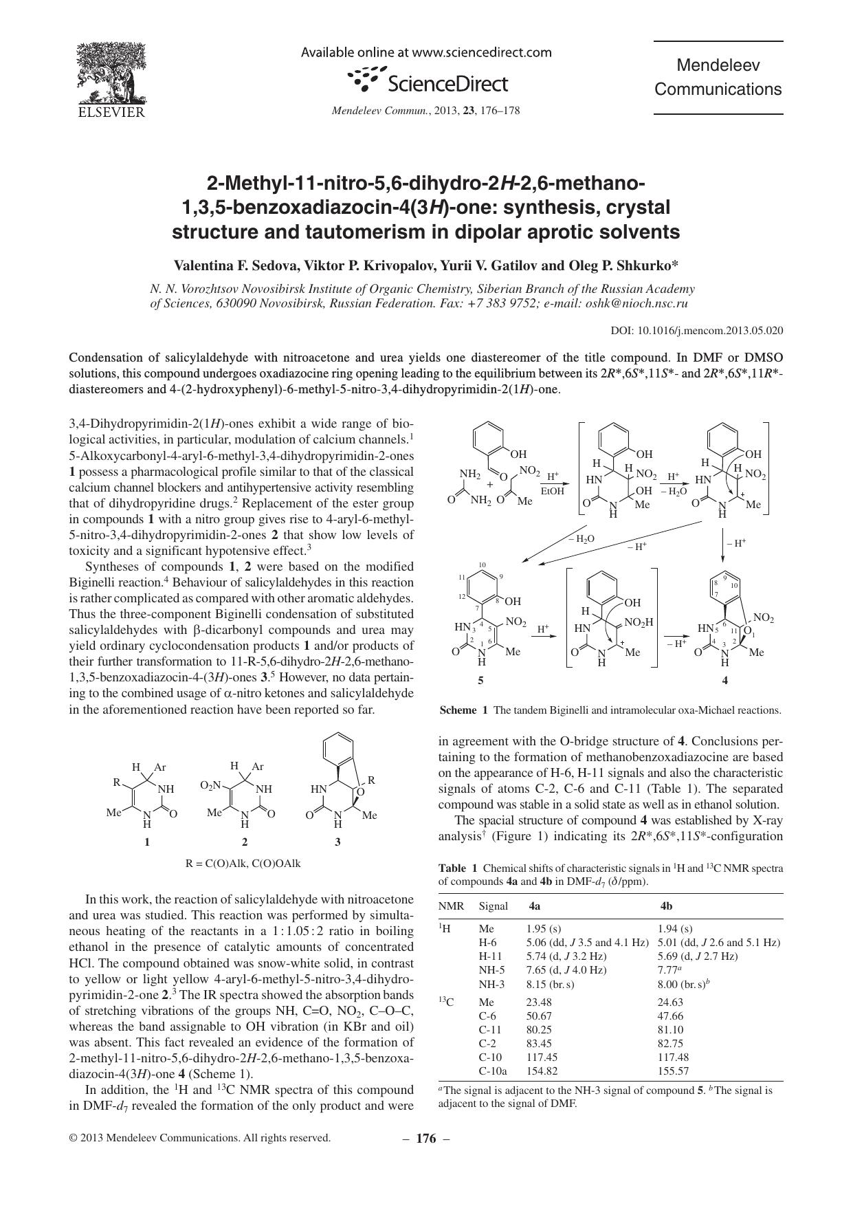 2-Methyl-11-nitro-5,6-dihydro-2H-2,6-methano- 1,3,5-benzoxadiazocin-4(3H)-one: Synthesis, Crystal Structure and Tautomerism in Dipolar Aprotic Solvents by Valentina F. Sedova & Viktor P. Krivopalov & Yurii V. Gatilov & Oleg P. Shkurko