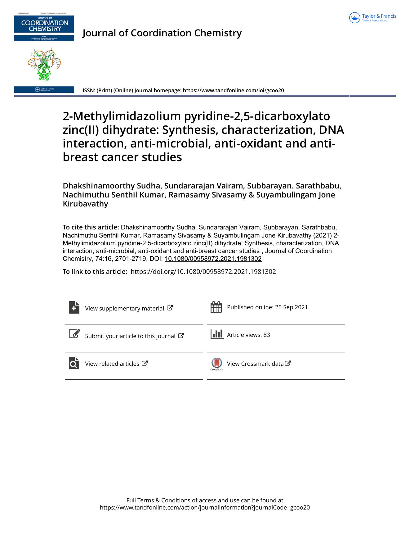 2-Methylimidazolium pyridine-2,5-dicarboxylato zinc(II) dihydrate: Synthesis, characterization, DNA interaction, anti-microbial, anti-oxidant and anti-breast cancer studies by unknow