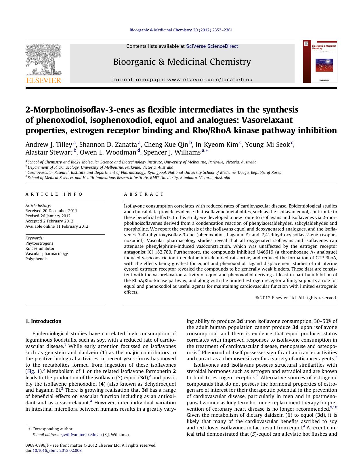2-Morpholinoisoflav-3-enes as flexible intermediates in the synthesis of phenoxodiol, isophenoxodiol, equol and analogues: Vasorelaxant properties, estrogen receptor binding and Rh by unknow