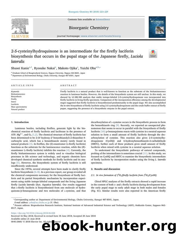 2-S-cysteinylhydroquinone is an intermediate for the firefly luciferin biosynthesis that occurs in the pupal stage of the Japanese firefly, Luciola lateralis by Shusei Kanie & Ryosuke Nakai & Makoto Ojika & Yuichi Oba