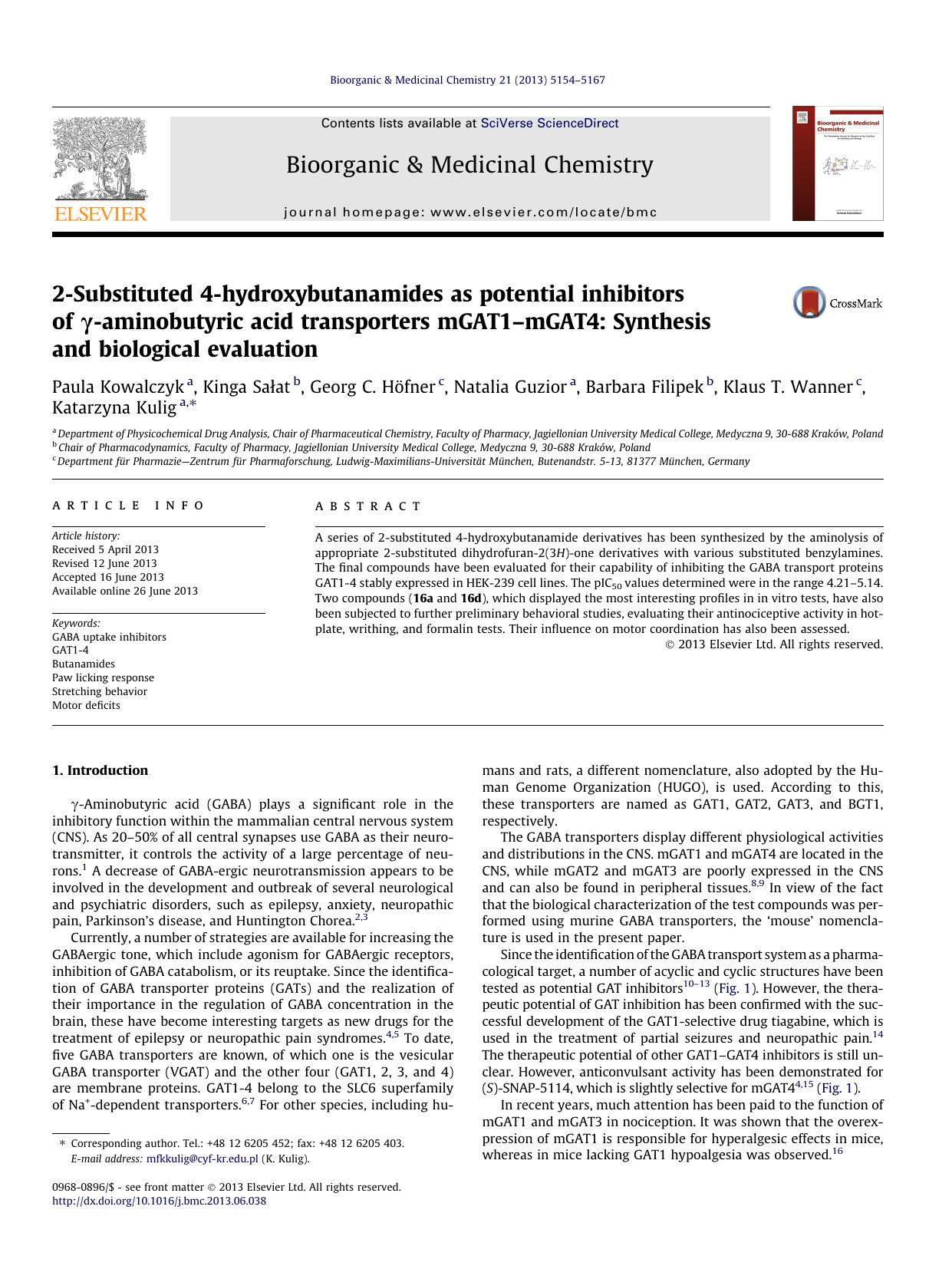 2-Substituted 4-hydroxybutanamides as potential inhibitors of Î³-aminobutyric acid transporters mGAT1âmGAT4: Synthesis and biological evaluation by unknow