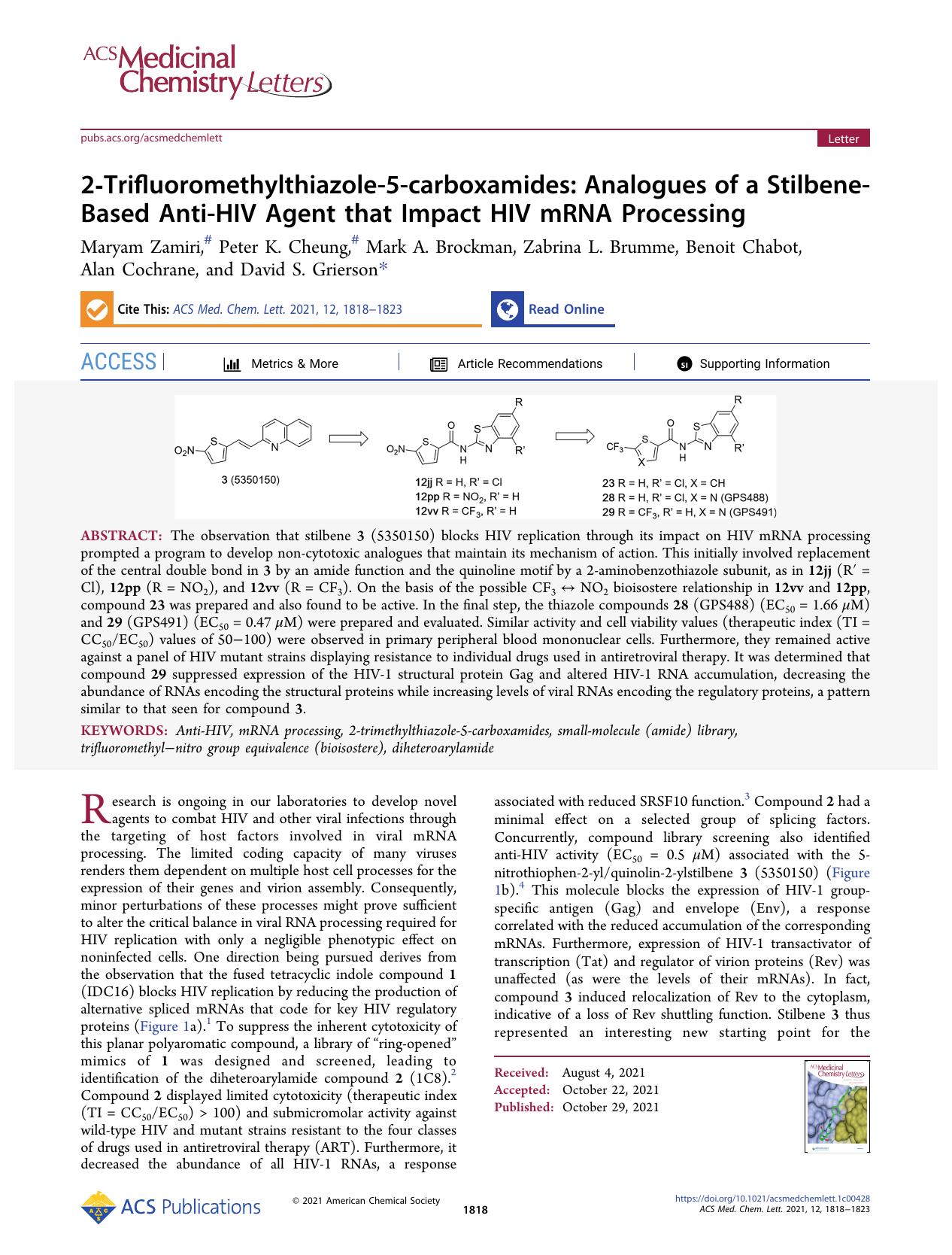 2-Trifluoromethylthiazole-5-carboxamides: Analogues of a Stilbene-Based Anti-HIV Agent that Impact HIV mRNA Processing by unknow