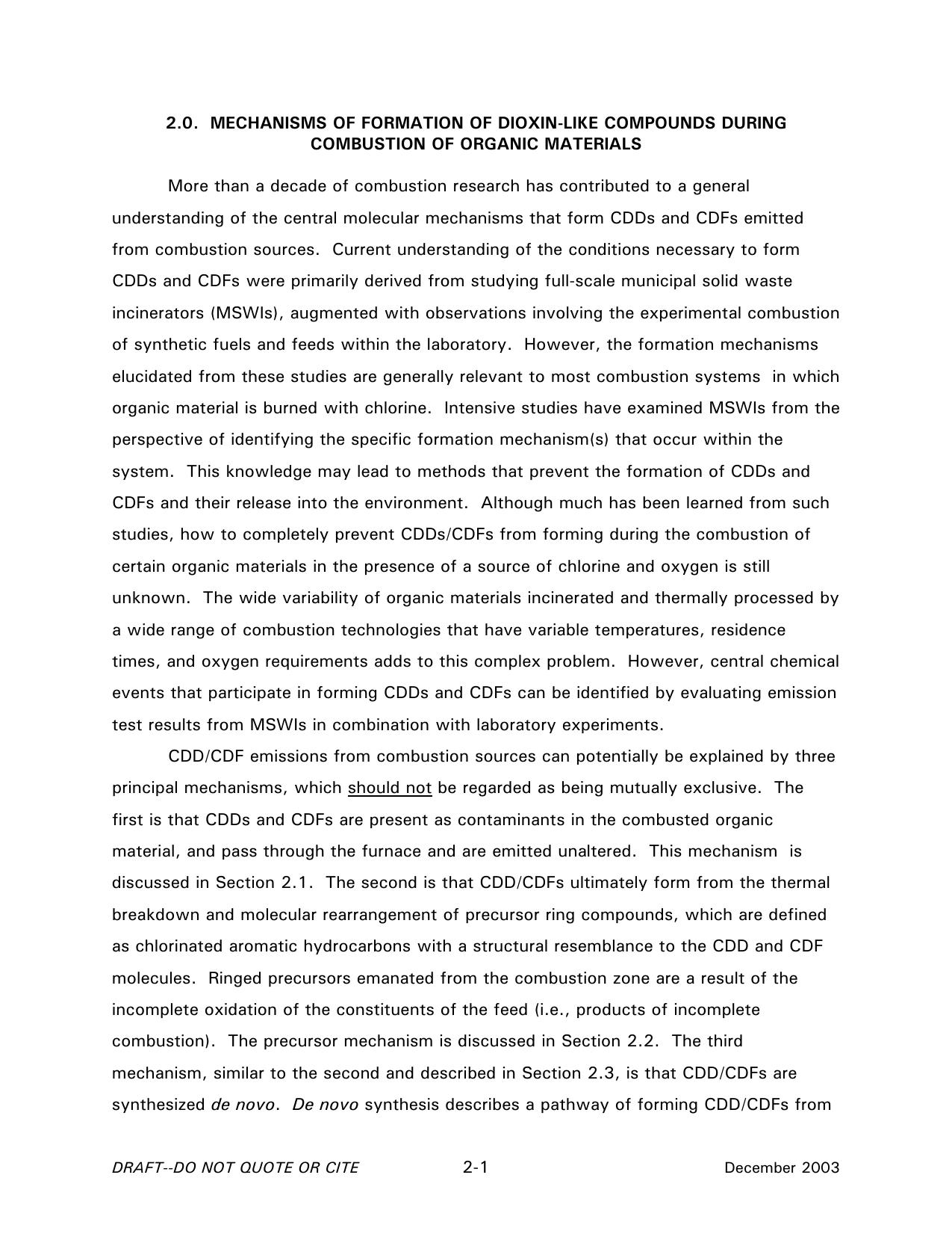 2.0. MECHANISMS OF FORMATION OF DIOXIN-LIKE COMPOUNDS DURING COMBUSTION OF ORGANIC MATERIALS - Exposure and Human Health Reassessment of 2,3,7,8-Tetrachlorodibenzo-p-Dioxin (TCDD) by U.S. Environmental Protection Agency - Office of Research and Development