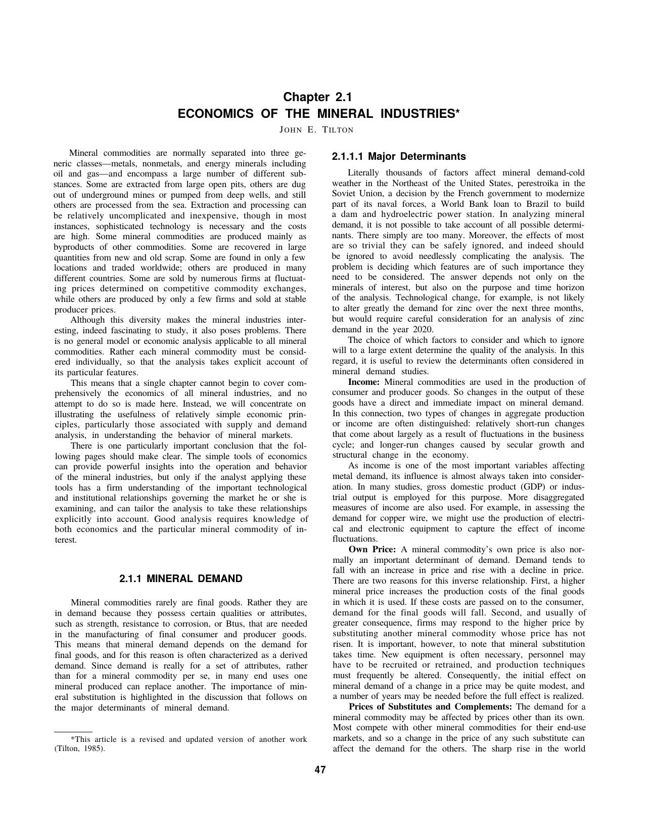 2.1 Economics of the Mineral Industries by Society for Mining Metallurgy & Exploration Inc