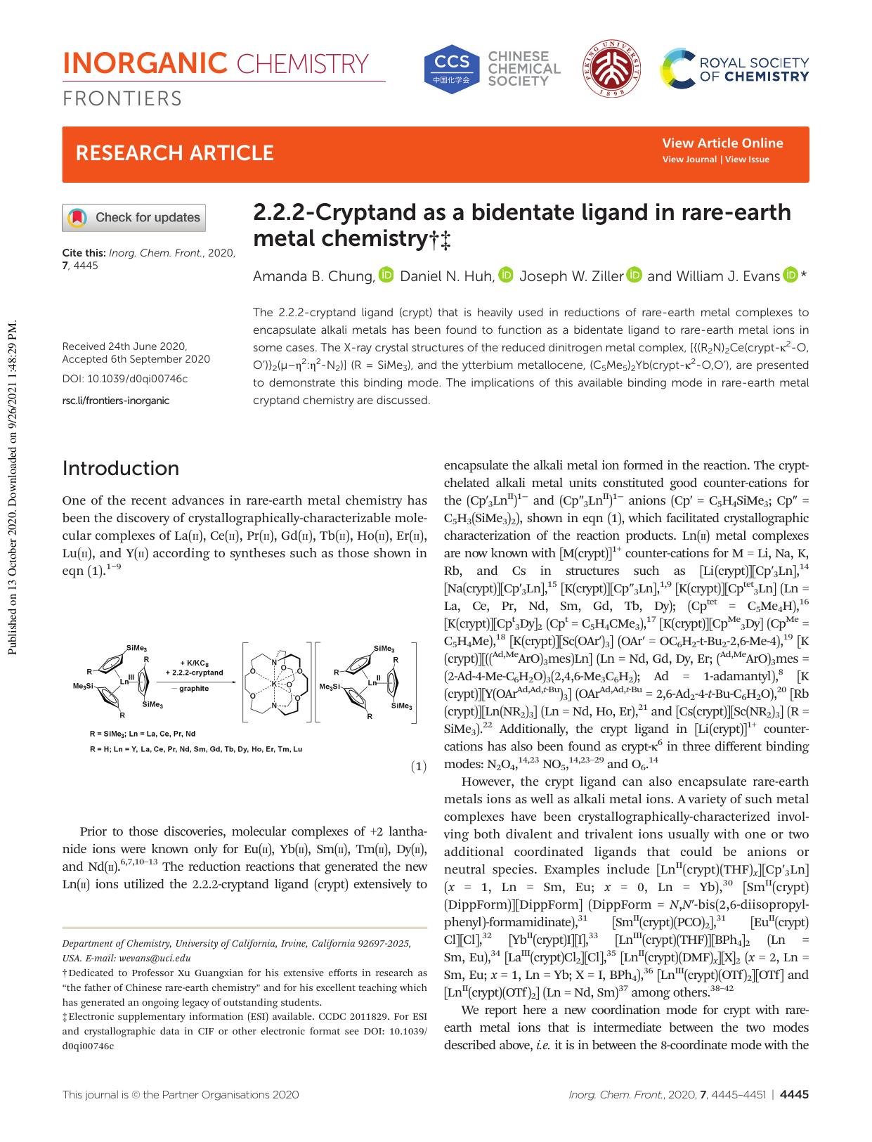 2.2.2-Cryptand as a bidentate ligand in rare-earth metal chemistry by Amanda B. Chung Daniel N. Huh Joseph W. Ziller William J. Evans