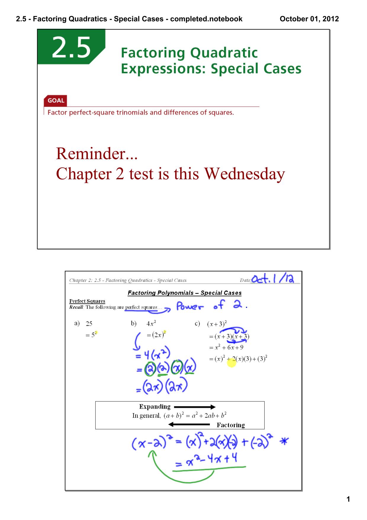 2.5 - Factoring Quadratics - Special Cases - completed.notebook by Special Cases