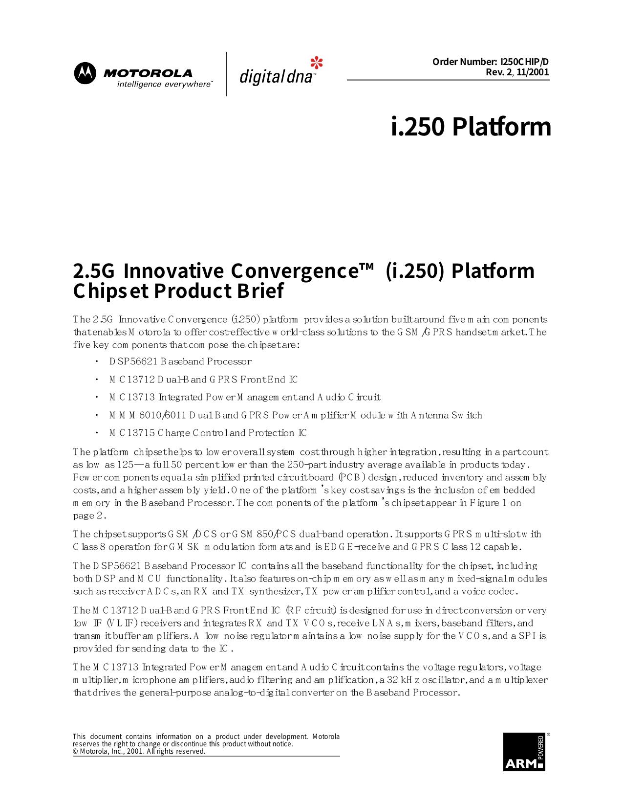 2.5G Innovative Convergence (i.250) Platform Chipset Product Brief by Motorola Semiconductor Products Sector