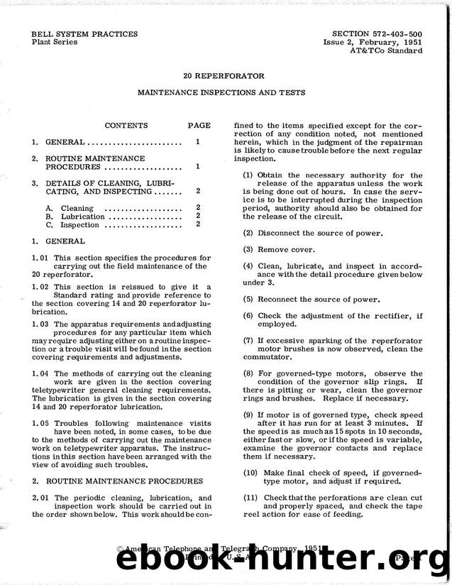 20 REPERFORATOR MAINTENANCE INSPECTIONS AND TESTS by Teletype