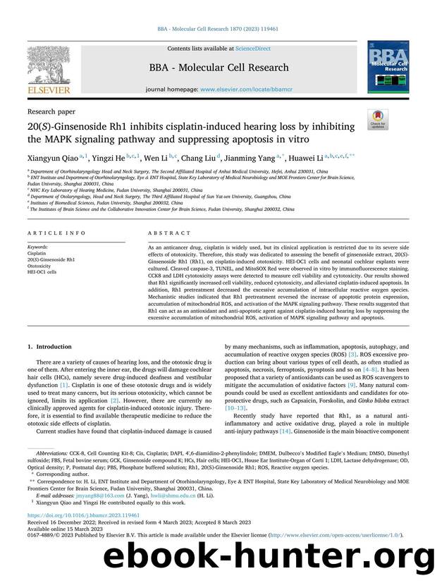 20( S )-Ginsenoside Rh1 inhibits cisplatin-induced hearing loss by inhibiting the MAPK signaling pathway and suppressing apoptosis in vitro by Xiangyun Qiao & Yingzi He & Wen Li & Chang Liu & Jianming Yang & Huawei Li