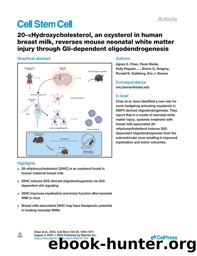 20-&alpha;Hydroxycholesterol, an oxysterol in human breast milk, reverses mouse neonatal white matter injury through Gli-dependent oligodendrogenesis by unknow