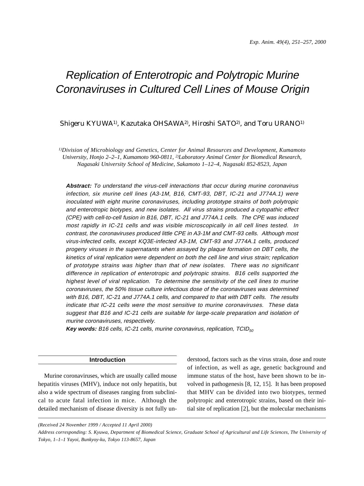 2000 Replication of Enterotropic and Polytropic Murine Coronaviruses in Cultured Cell Lines of Mouse Origin by Japanese Association for Laboratory Animal Science