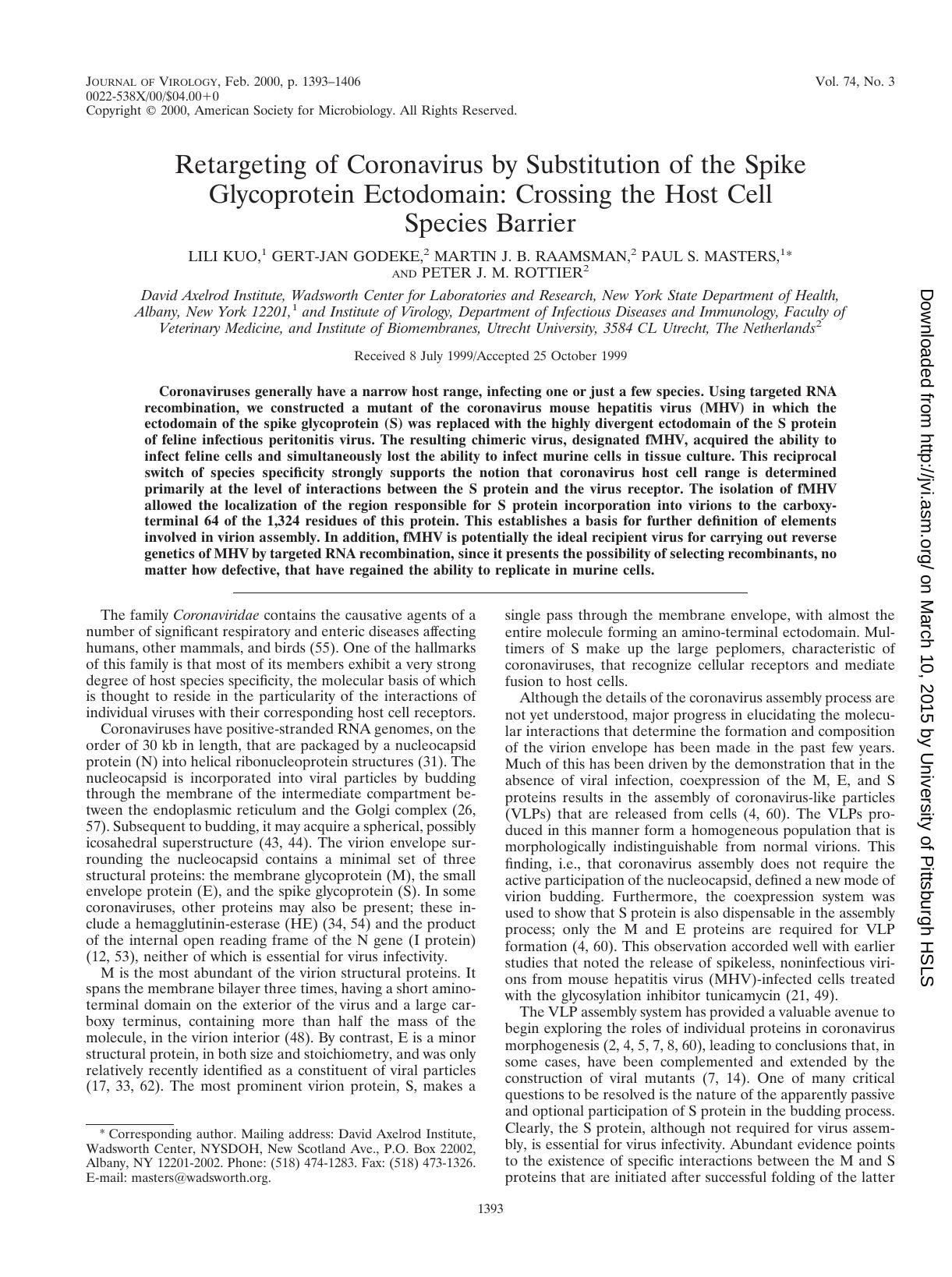 2000 Retargeting of Coronavirus by Substitution of the Spike Glycoprotein Ectodomain Crossing the Host Cell Species Bar by Unknown