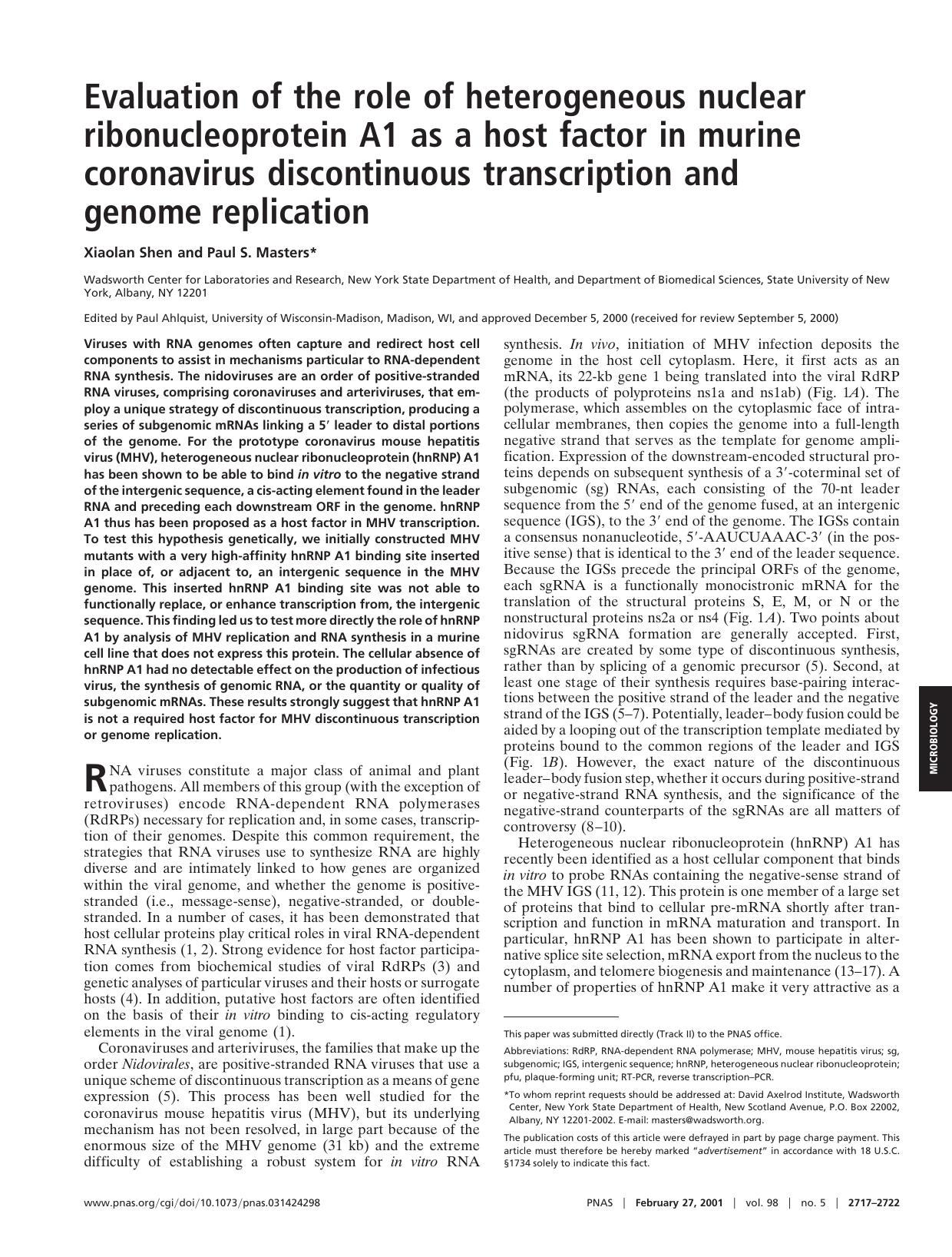 2001 Evaluation of the role of heterogeneous nuclear ribonucleoprotein A1 as a host factor in murine coronavirus discont by Unknown