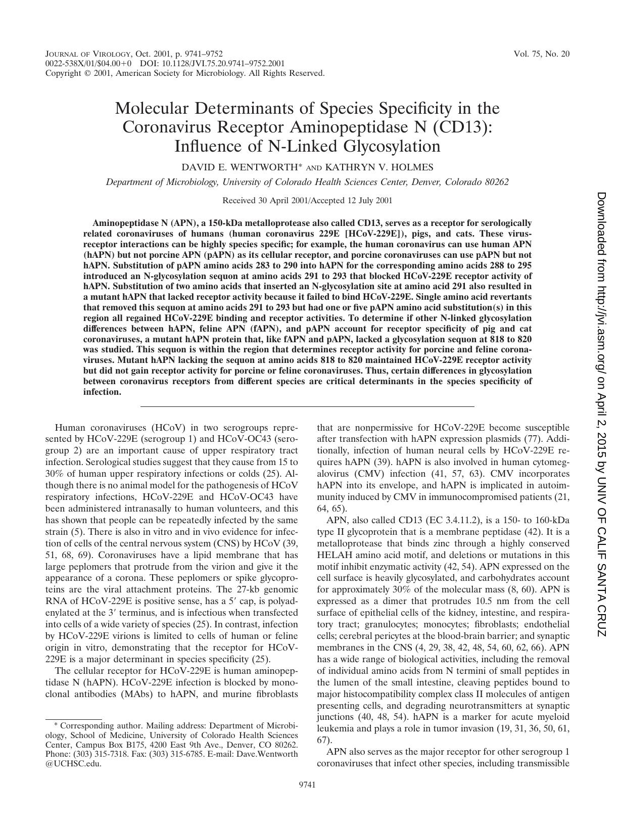 2001 Molecular Determinants of Species Specificity in the Coronavirus Receptor Aminopeptidase N (CD13) Influence of N-L by Unknown