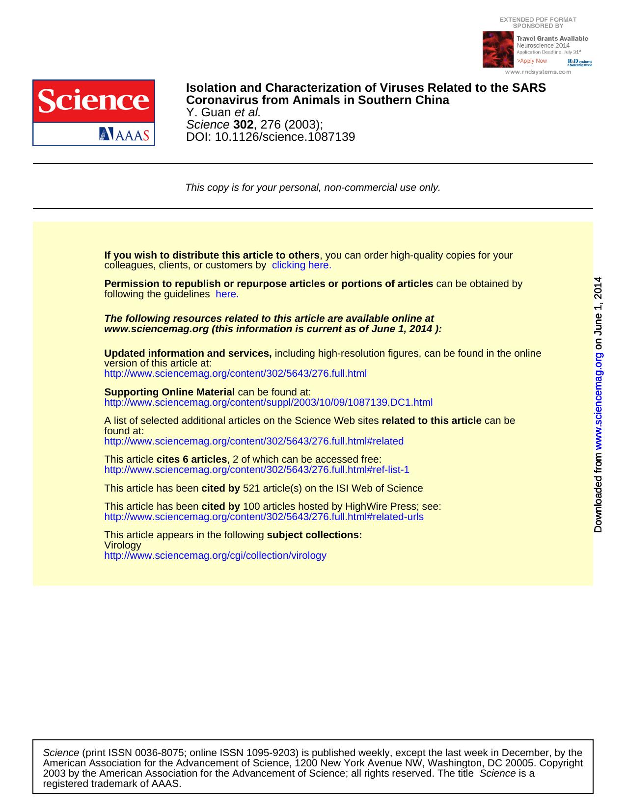 2003 Isolation and Characterization of Viruses Related to the SARS Coronavirus from Animals in Southern China by Unknown