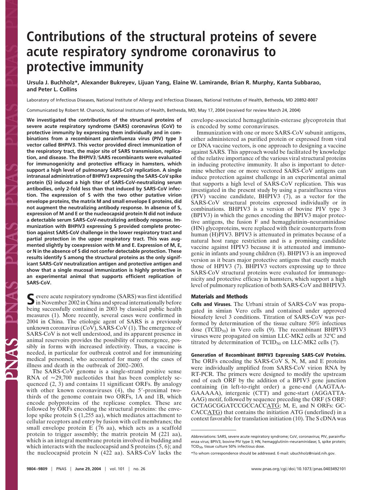 2004 Contributions of the structural proteins of severe acute respiratory syndrome coronavirus to protective immunity by Unknown