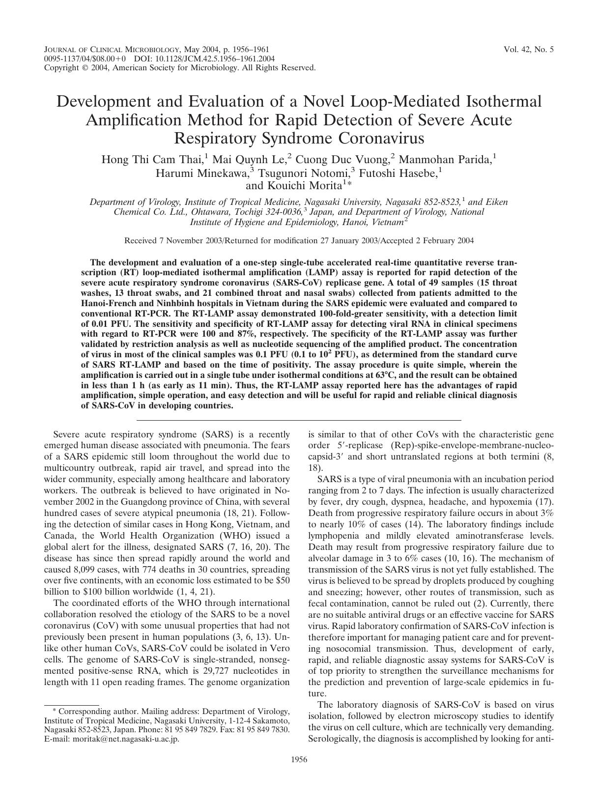 2004 Development and Evaluation of a Novel Loop-Mediated Isothermal Amplification Method for Rapid Detection of Severe A by Unknown