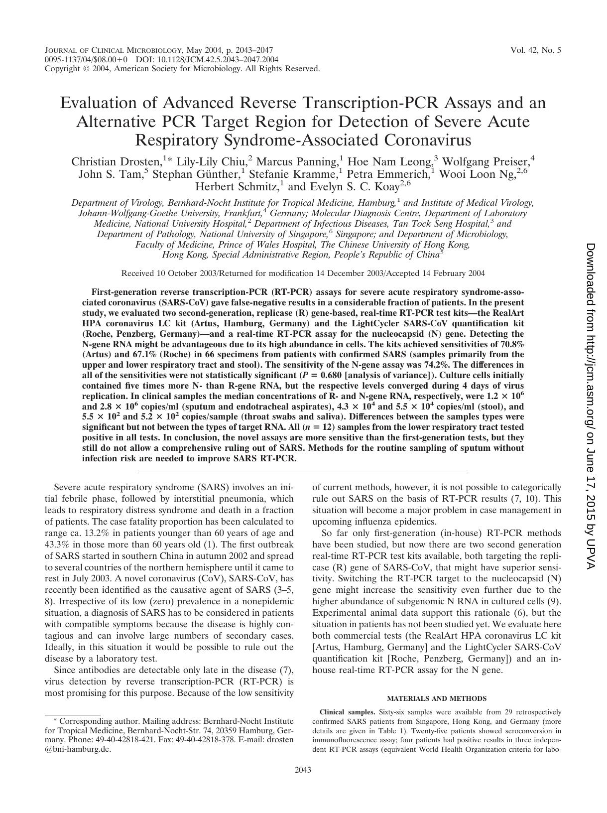 2004 Evaluation of Advanced Reverse Transcription-PCR Assays and an Alternative PCR Target Region for Detection of Sever by Unknown