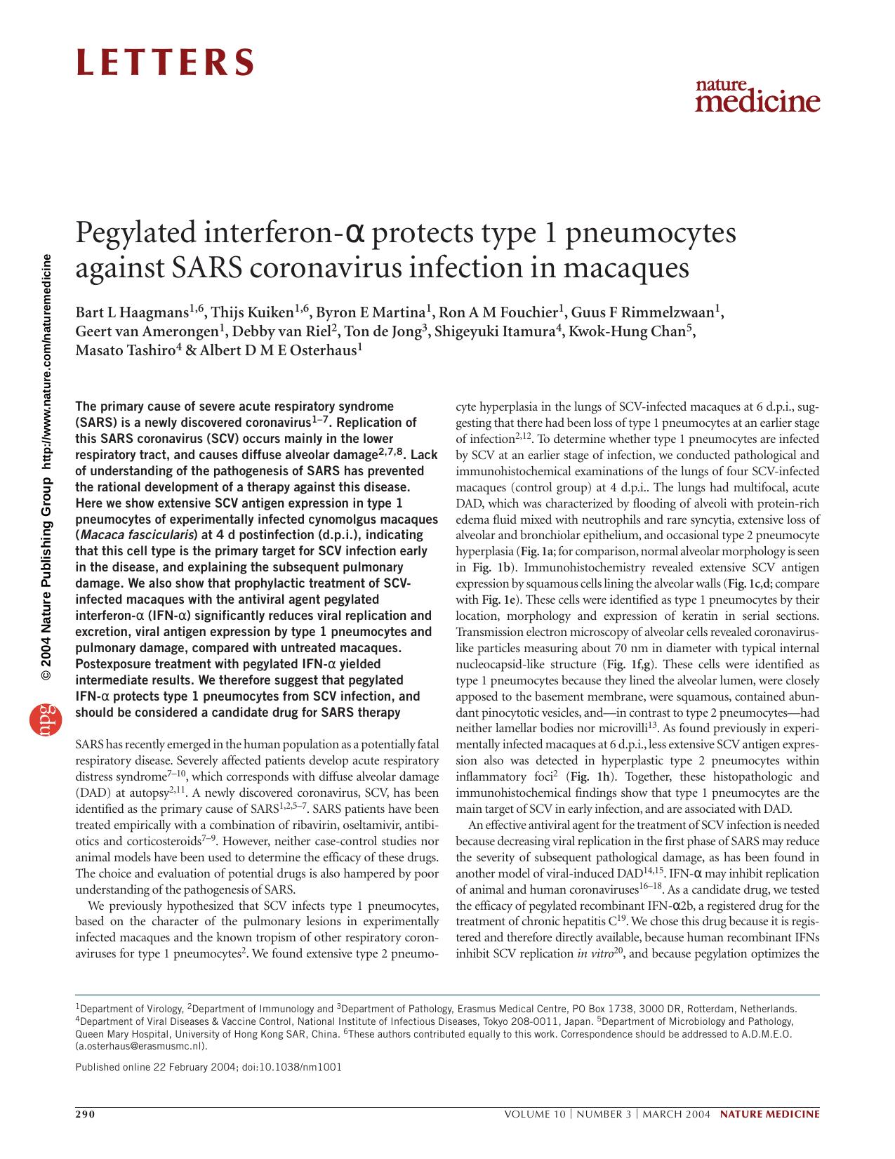 2004 Pegylated interferon- protects type 1 pneumocytes against SARS coronavirus infection in macaques by Unknown