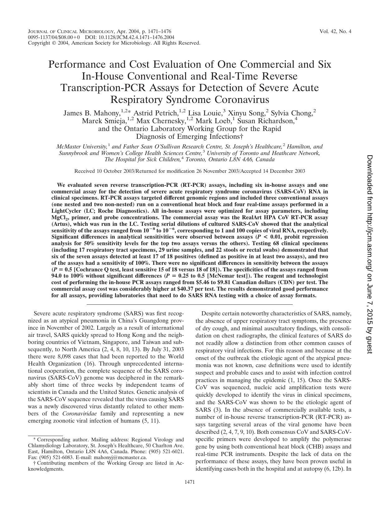2004 Performance and Cost Evaluation of One Commercial and Six In-House Conventional and Real-Time Reverse Transcription by Unknown