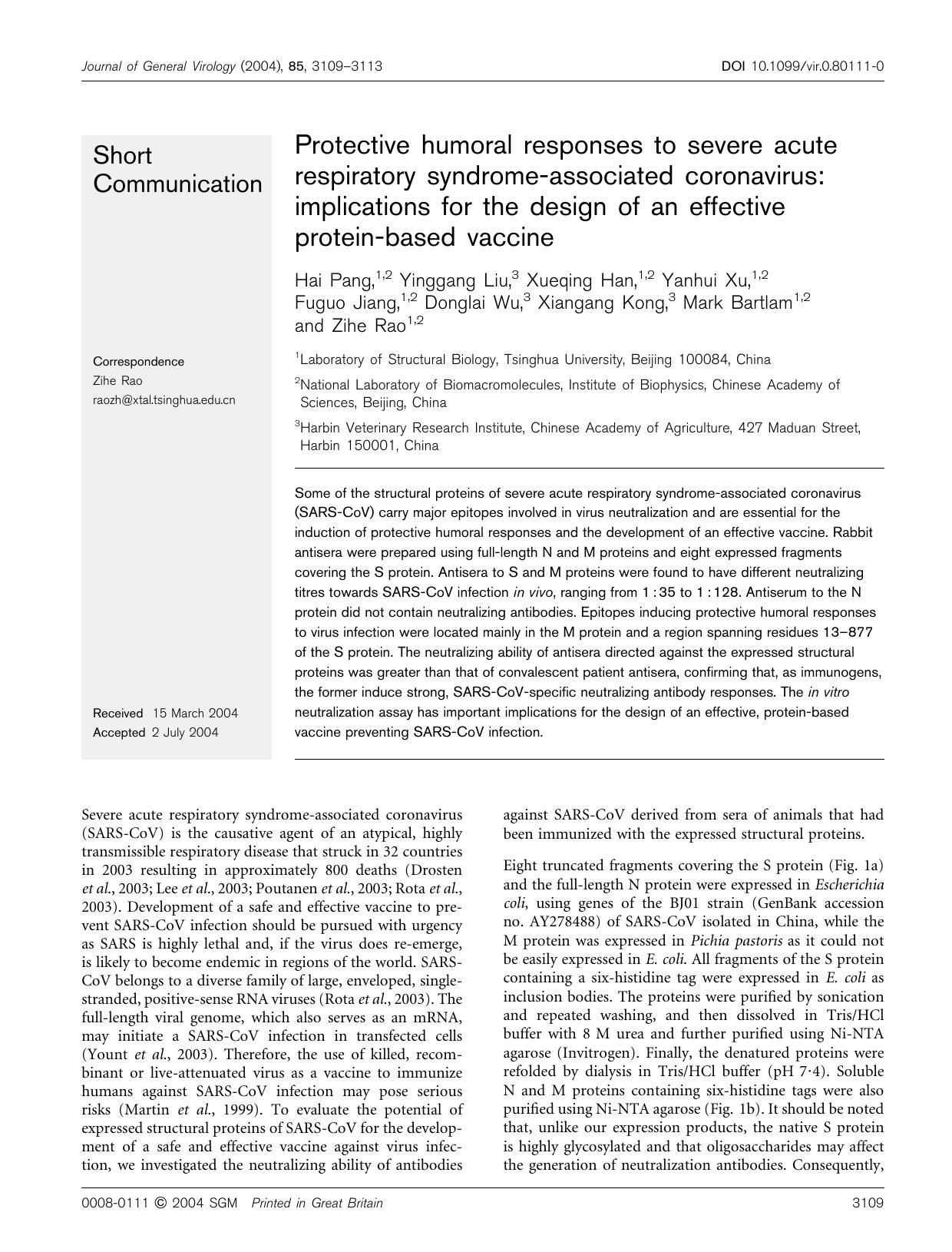 2004 Protective humoral responses to severe acute respiratory syndrome-associated coronavirus implications for the desi by Unknown