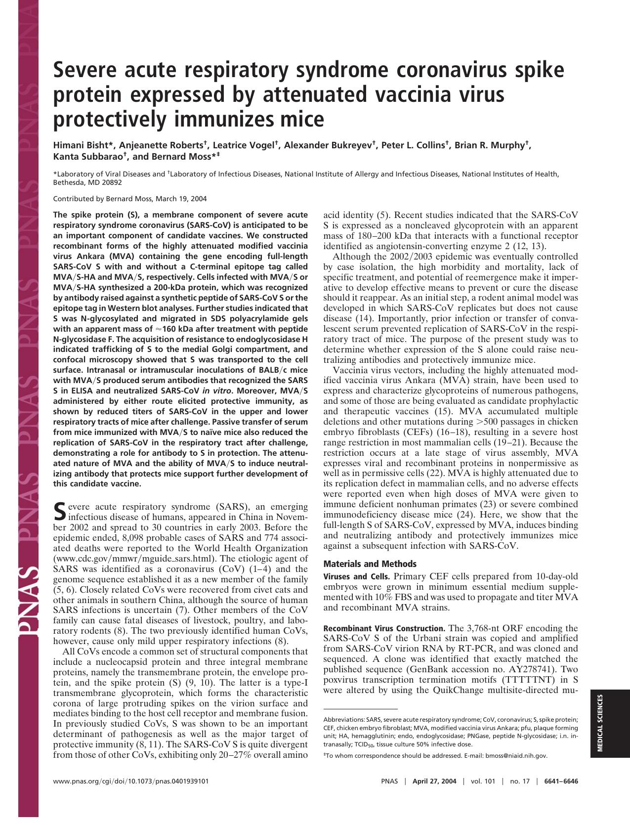 2004 Severe acute respiratory syndrome coronavirus spike protein expressed by attenuated vaccinia virus protectively imm by Unknown