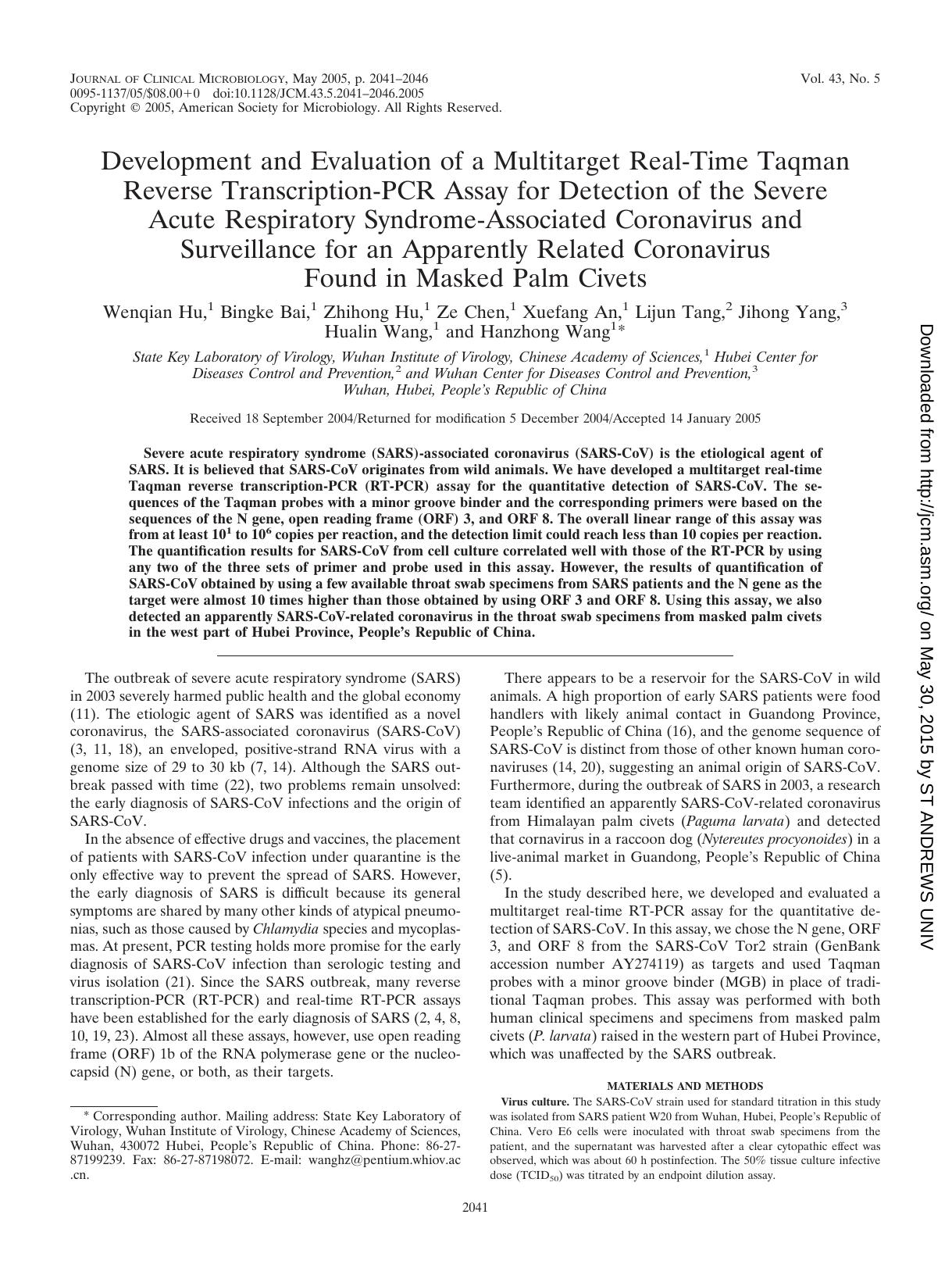 2005 Development and Evaluation of a Multitarget Real-Time Taqman Reverse Transcription-PCR Assay for Detection of the S by Unknown