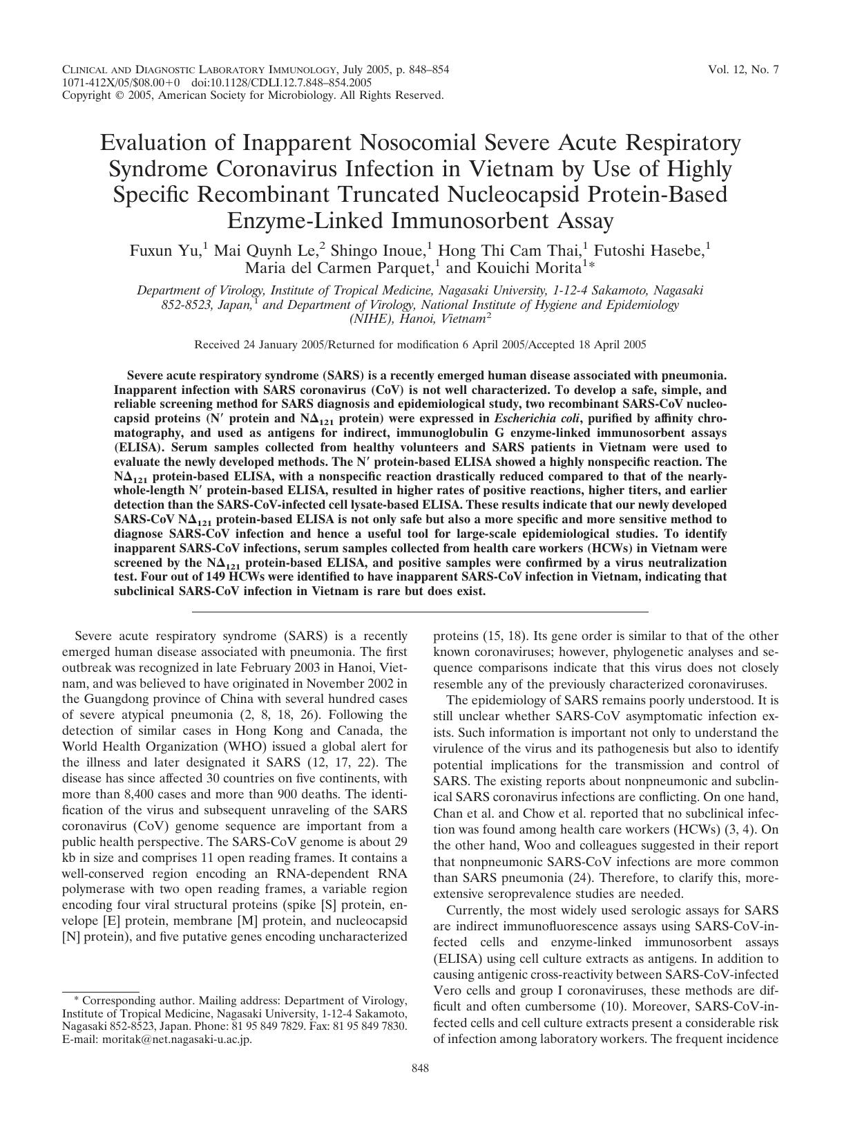 2005 Evaluation of Inapparent Nosocomial Severe Acute Respiratory Syndrome Coronavirus Infection in Vietnam by Use of Hi by Unknown