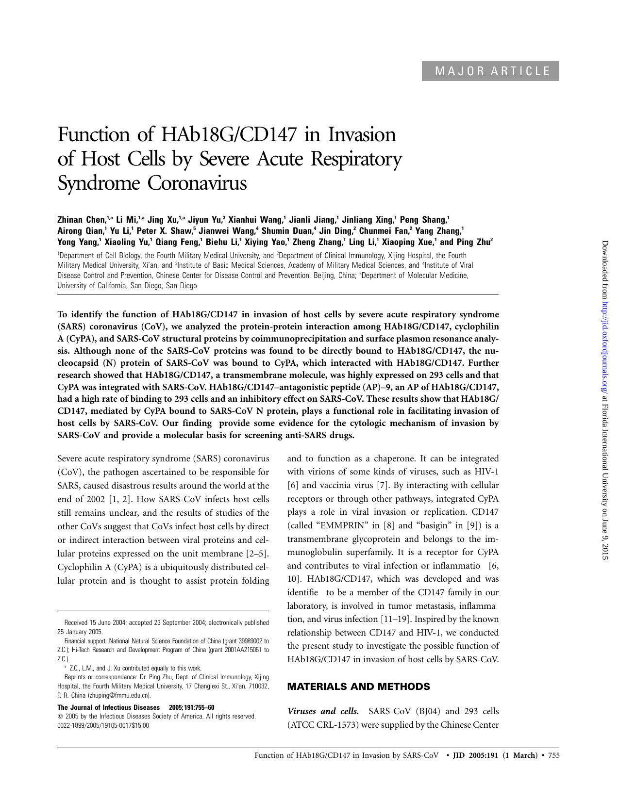 2005 Function of HAb18G CD147 in Invasion of Host Cells by Severe Acute Respiratory Syndrome Coronavirus by Unknown