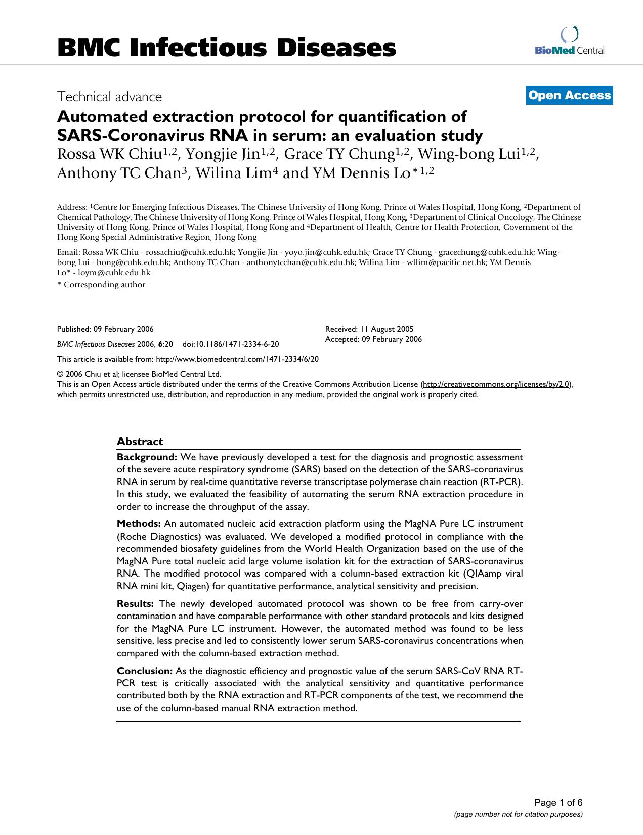 2006 Automated extraction protocol for quantification of SARS-Coronavirus RNA in serum an evaluation study by Unknown