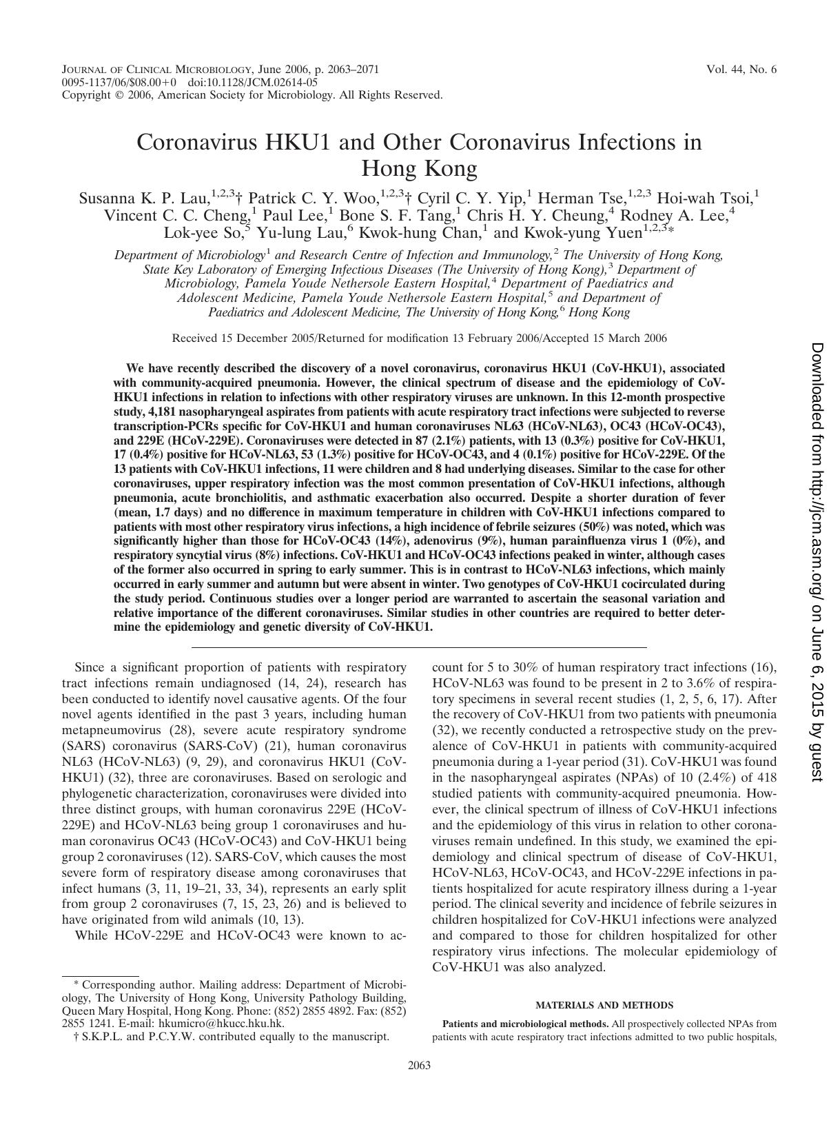 2006 Coronavirus HKU1 and Other Coronavirus Infections in Hong Kong by Unknown