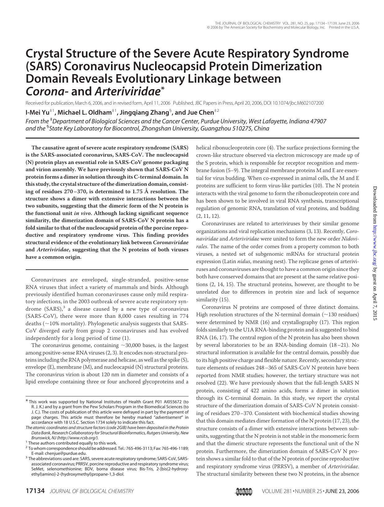 2006 Crystal Structure of the Severe Acute Respiratory Syndrome (SARS) Coronavirus Nucleocapsid Protein Dimerization Dom by Unknown