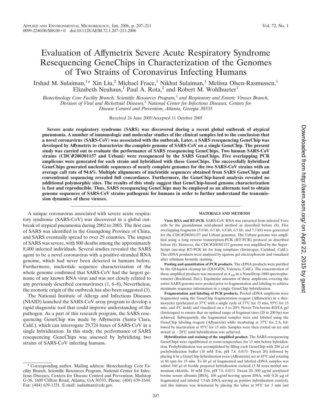 2006 Evaluation of Affymetrix Severe Acute Respiratory Syndrome Resequencing GeneChips in Characterization of the Genome by Unknown