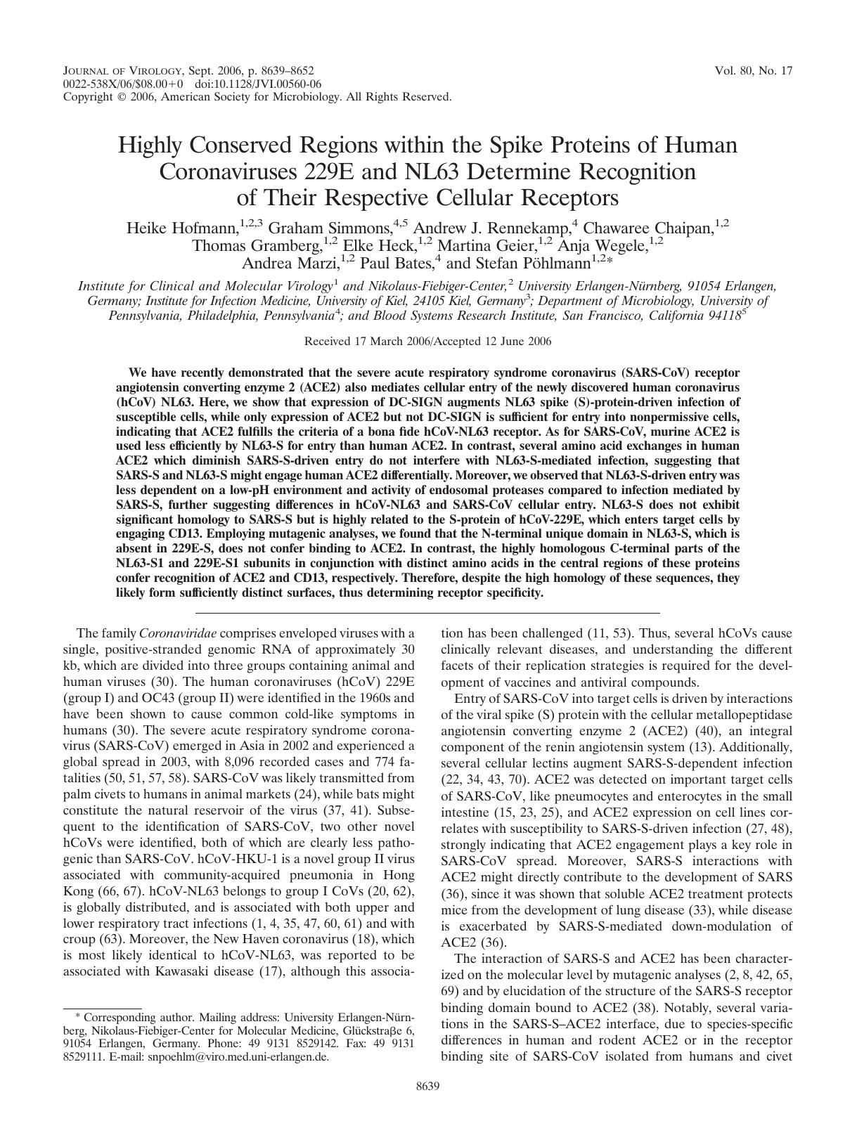 2006 Highly Conserved Regions within the Spike Proteins of Human Coronaviruses 229E and NL63 Determine Recognition of Th by Unknown