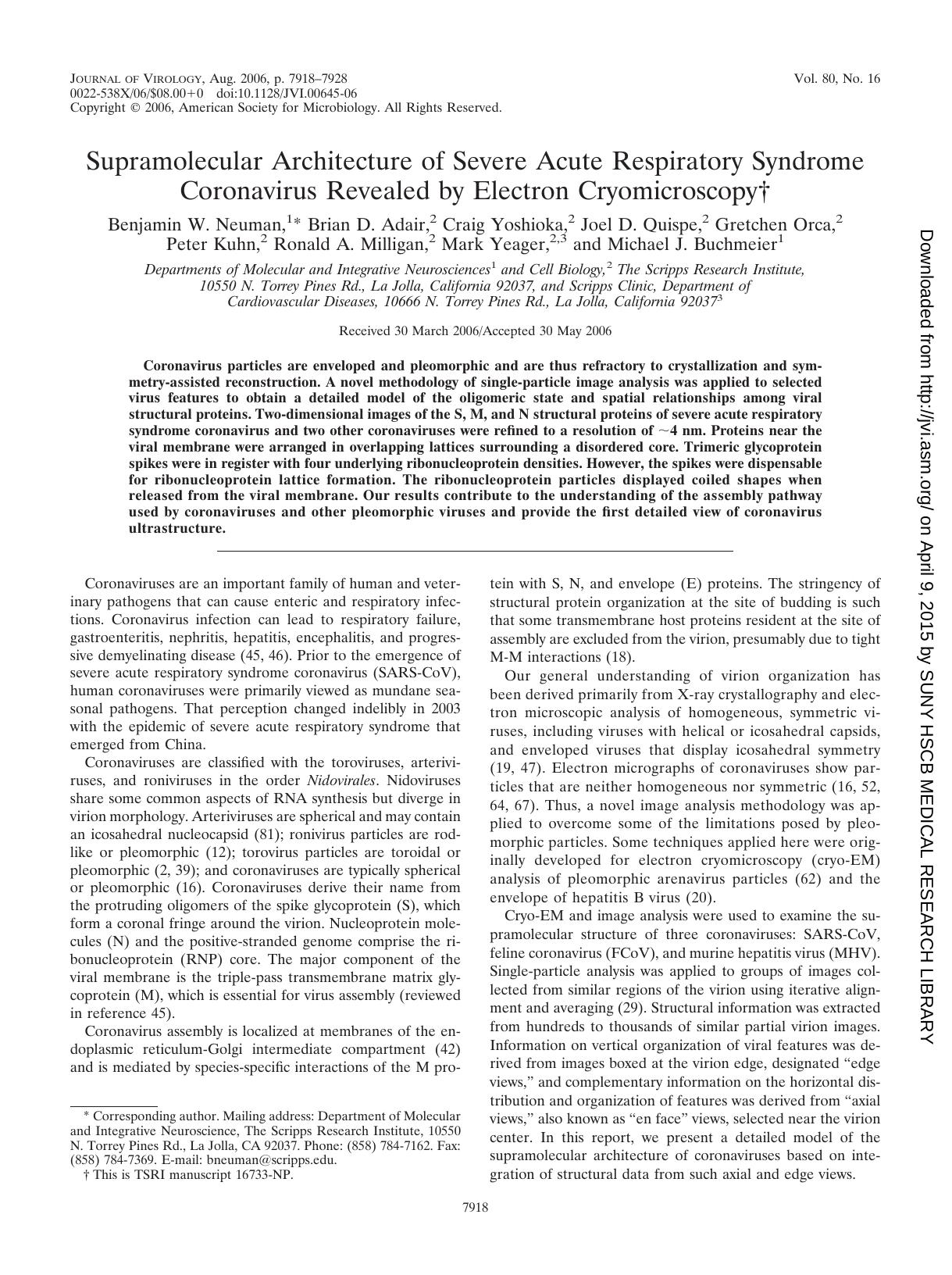2006 Supramolecular Architecture of Severe Acute Respiratory Syndrome Coronavirus Revealed by Electron Cryomicroscopy by Unknown