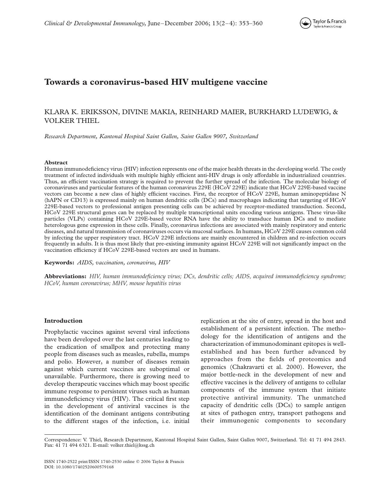2006 Towards a Coronavirus-Based HIV Multigene Vaccine by Unknown