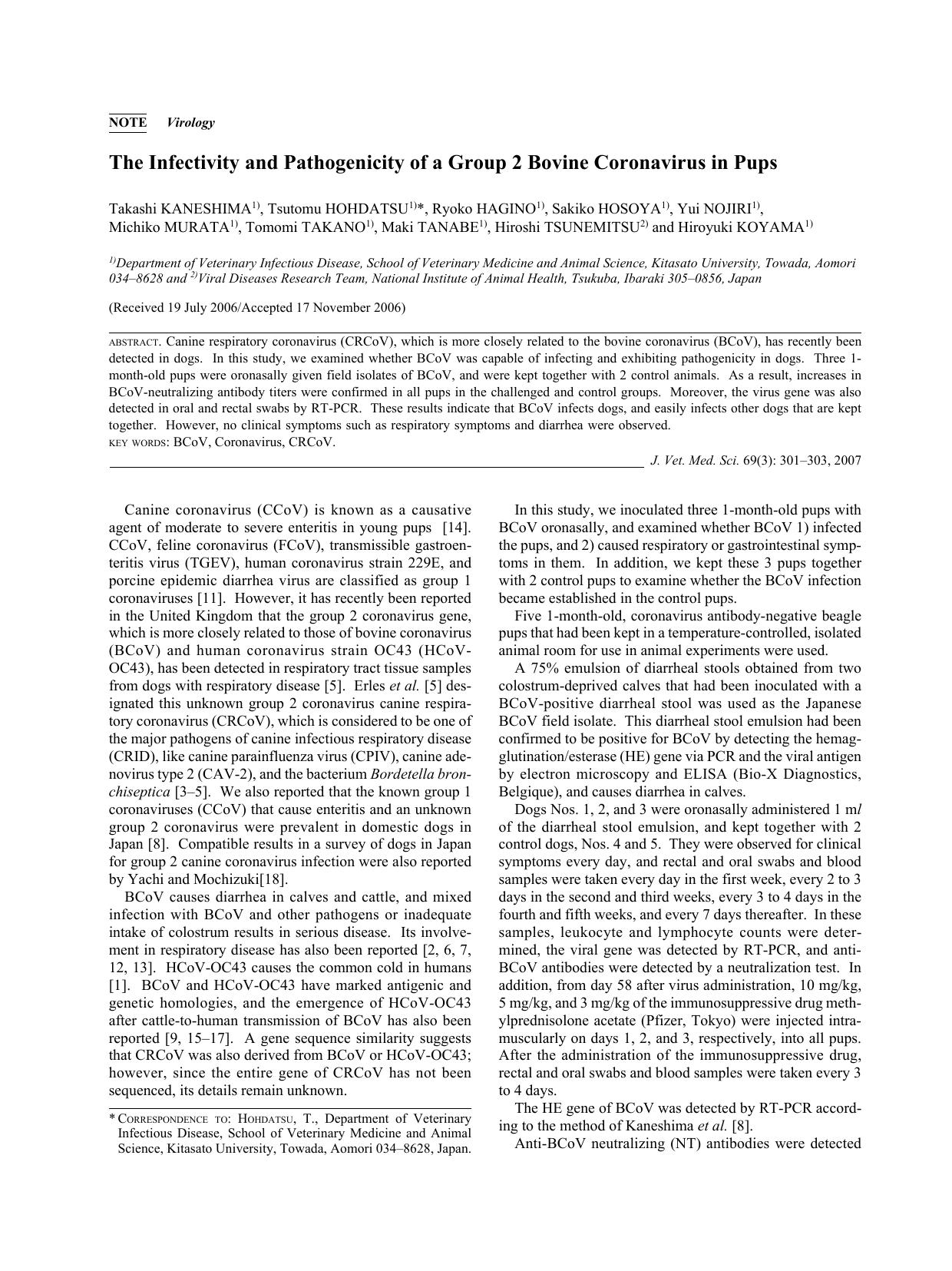 2007 The Infectivity and Pathogenicity of a Group 2 Bovine Coronavirus in Pups by the Japanese Society of Veterinary Science
