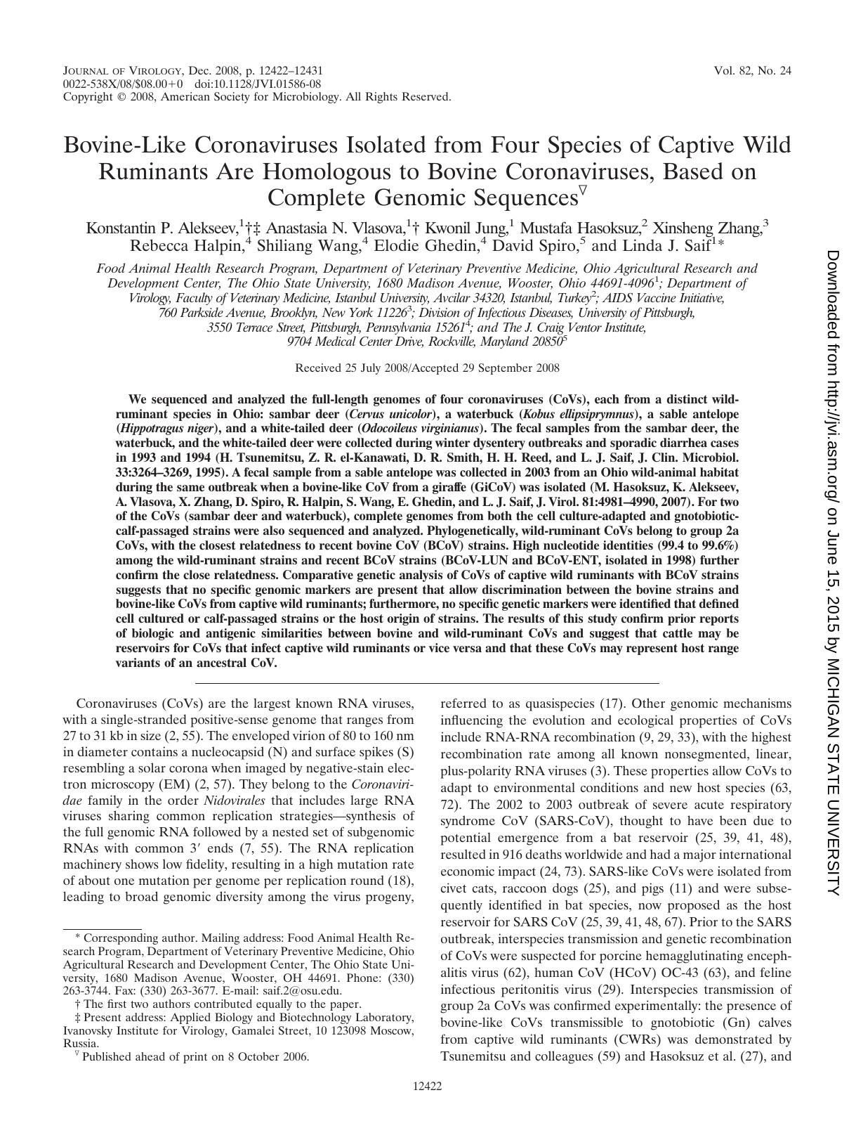 2008 Bovine-Like Coronaviruses Isolated from Four Species of Captive Wild Ruminants Are Homologous to Bovine Coronavirus by Unknown