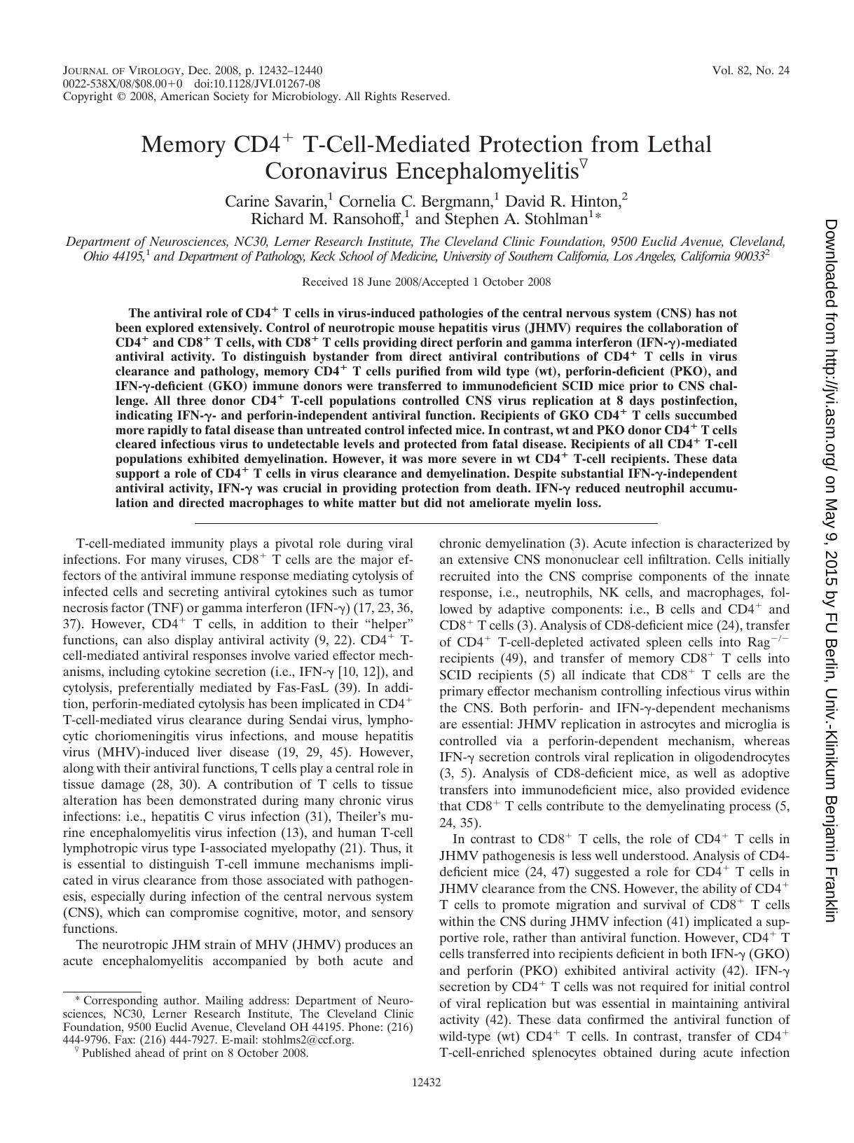 2008 Memory CD4+ T-Cell-Mediated Protection from Lethal Coronavirus Encephalomyelitis by Unknown