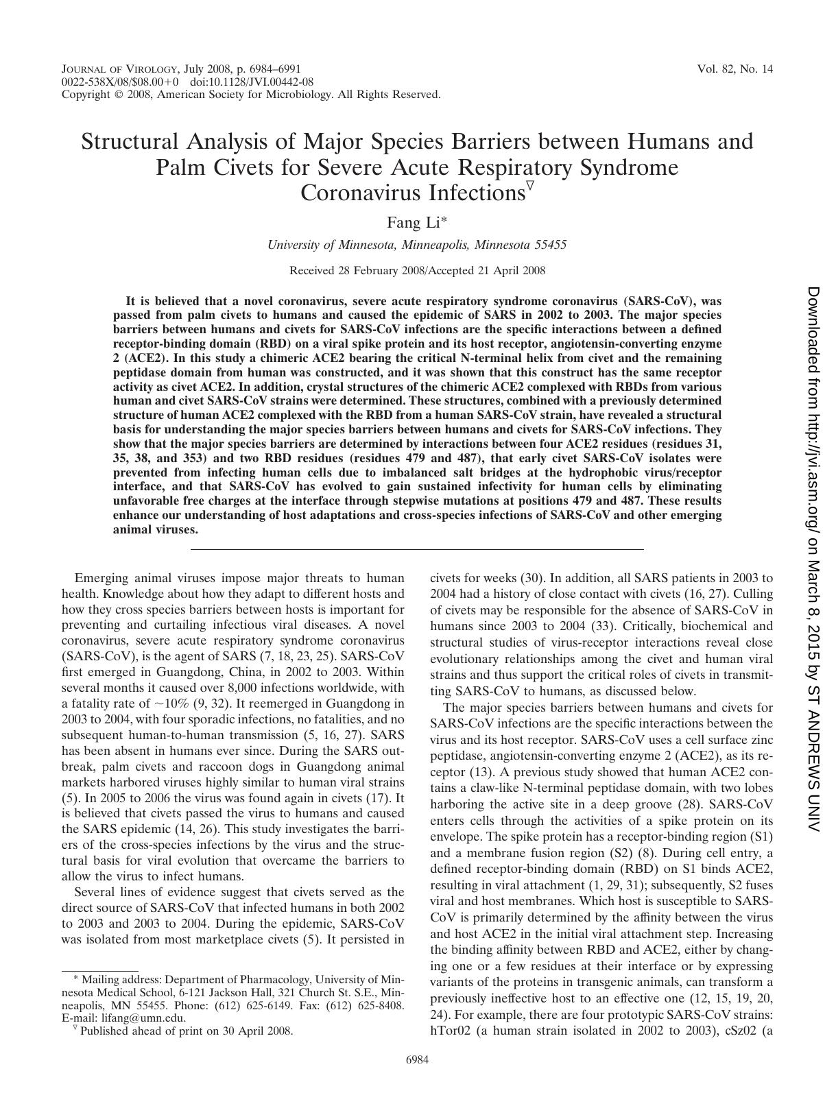 2008 Structural Analysis of Major Species Barriers between Humans and Palm Civets for Severe Acute Respiratory Syndrome by Unknown