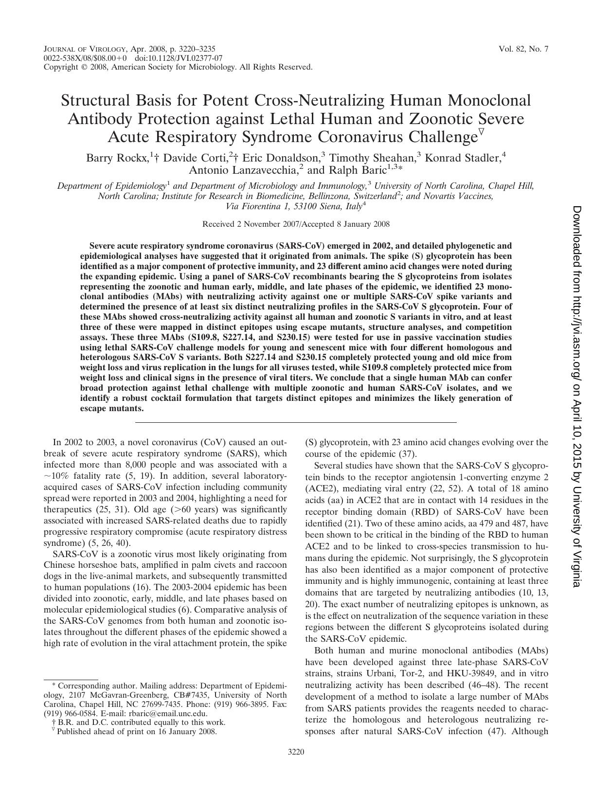2008 Structural Basis for Potent Cross-Neutralizing Human Monoclonal Antibody Protection against Lethal Human and Zoonot by Unknown