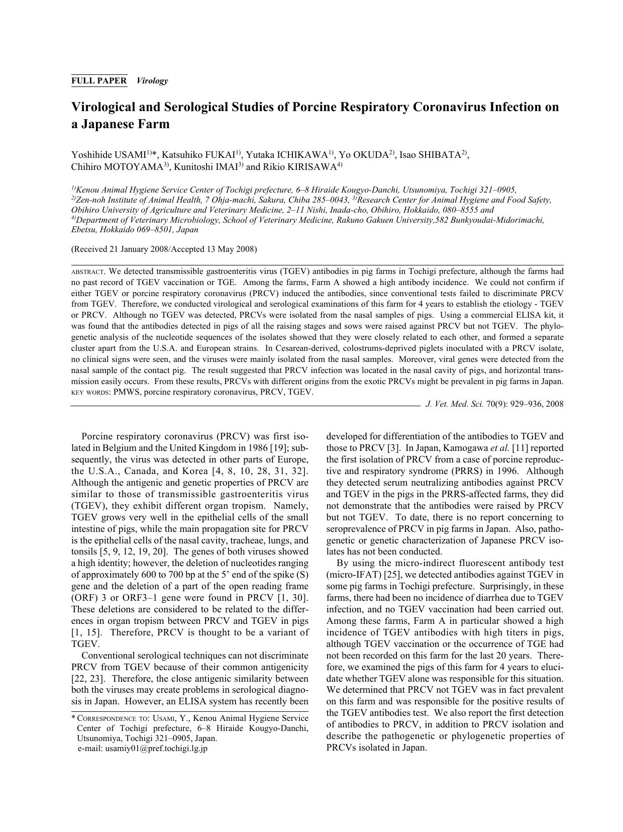 2008 Virological and Serological Studies of Porcine Respiratory Coronavirus Infection on a Japanese Farm by the Japanese Society of Veterinary Science