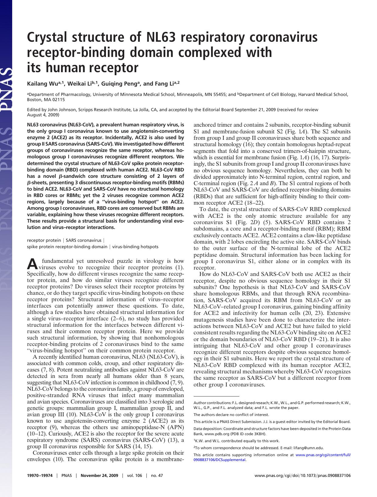 2009 Crystal structure of NL63 respiratory coronavirus receptor-binding domain complexed with its human receptor by Unknown