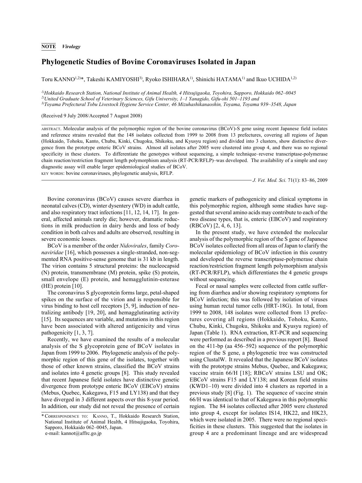 2009 Phylogenetic Studies of Bovine Coronaviruses Isolated in Japan by the Japanese Society of Veterinary Science
