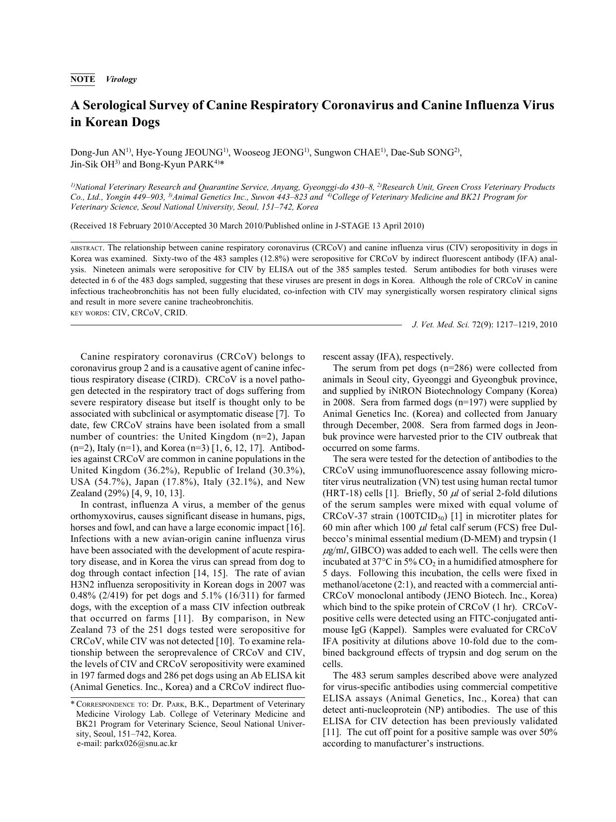 2010 A Serological Survey of Canine Respiratory Coronavirus and Canine Influenza Virus in Korean Dogs by the Japanese Society of Veterinary Science