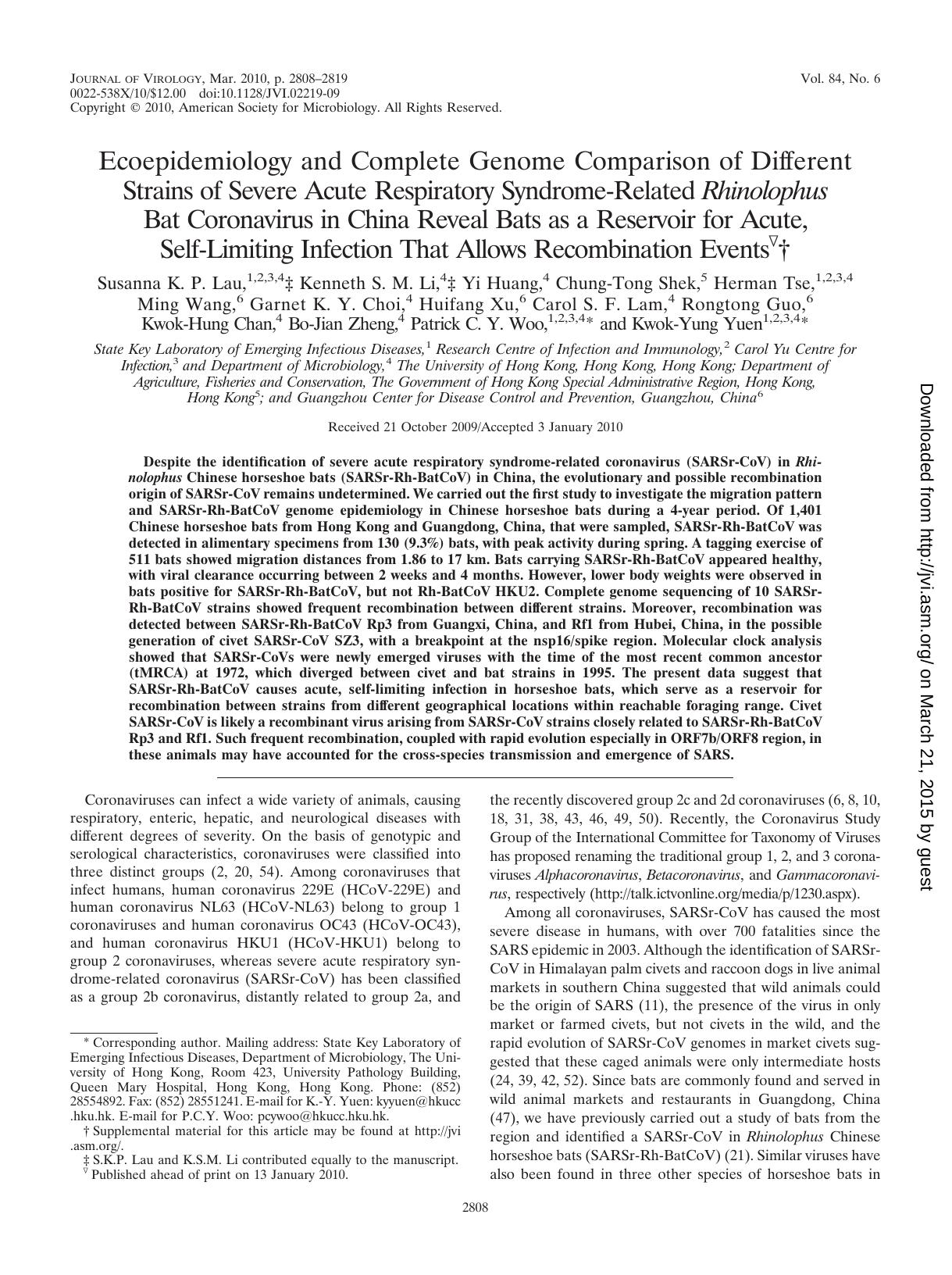 2010 Ecoepidemiology and Complete Genome Comparison of Different Strains of Severe Acute Respiratory Syndrome-Related Rh by Unknown