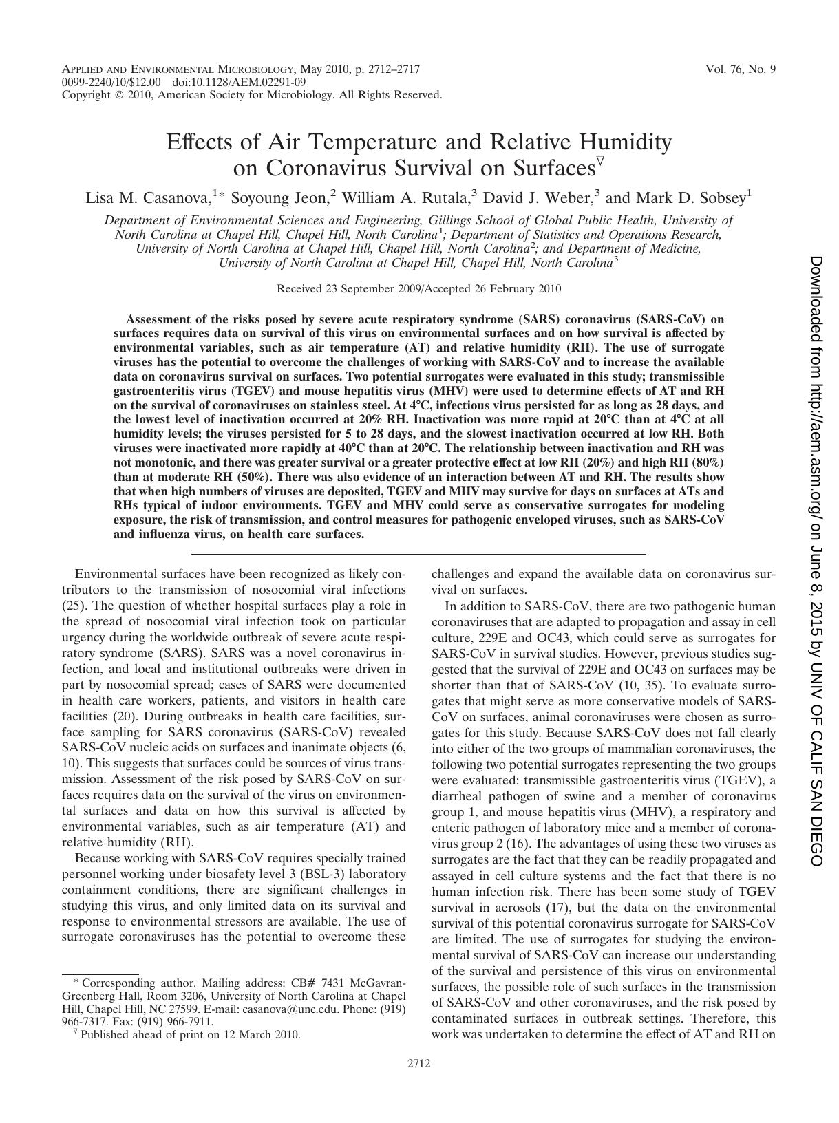 2010 Effects of Air Temperature and Relative Humidity on Coronavirus Survival on Surfaces by Unknown