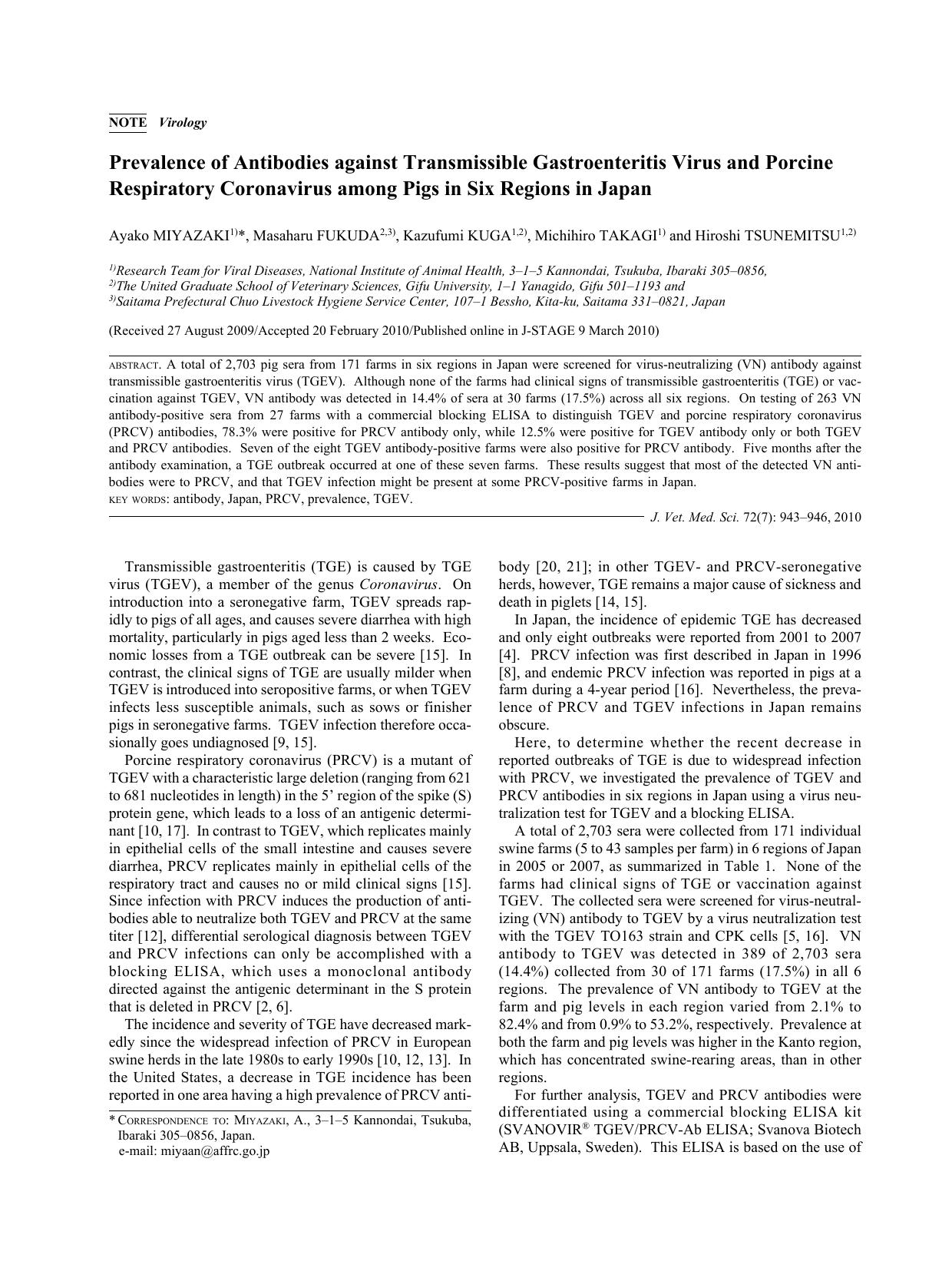2010 Prevalence of Antibodies against Transmissible Gastroenteritis Virus and Porcine Respiratory Coronavirus among Pigs by the Japanese Society of Veterinary Science