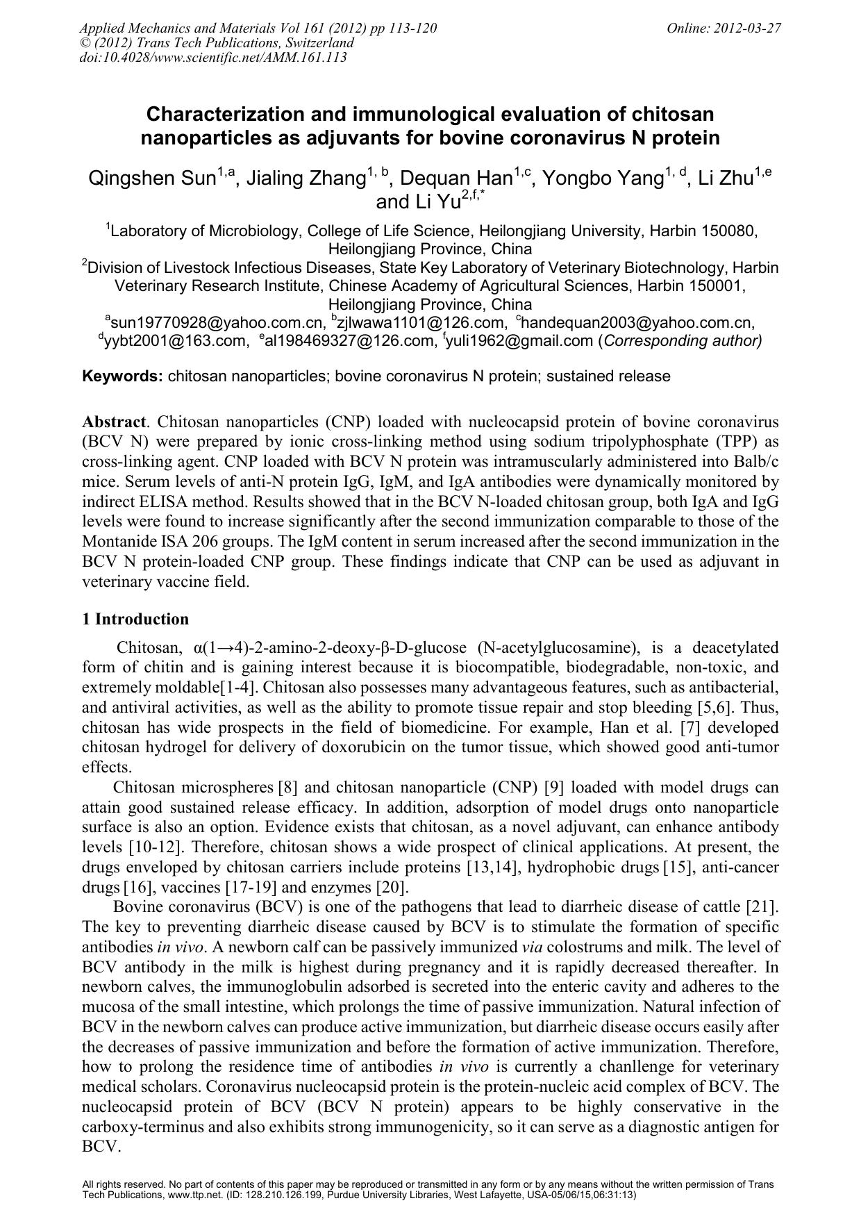 2012 Characterization and Immunological Evaluation of Chitosan Nanoparticles as Adjuvants for Bovine Coronavirus N Prote by Unknown