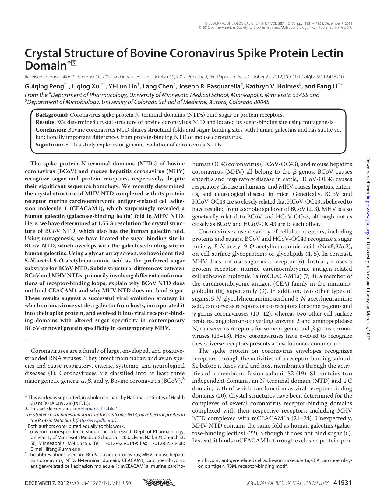 2012 Crystal Structure of Bovine Coronavirus Spike Protein Lectin Domain by Unknown